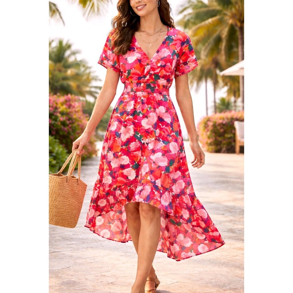 Abel the Label Women Romantic Flowy Multicolor Floral High-Low Dress Sz S Resort